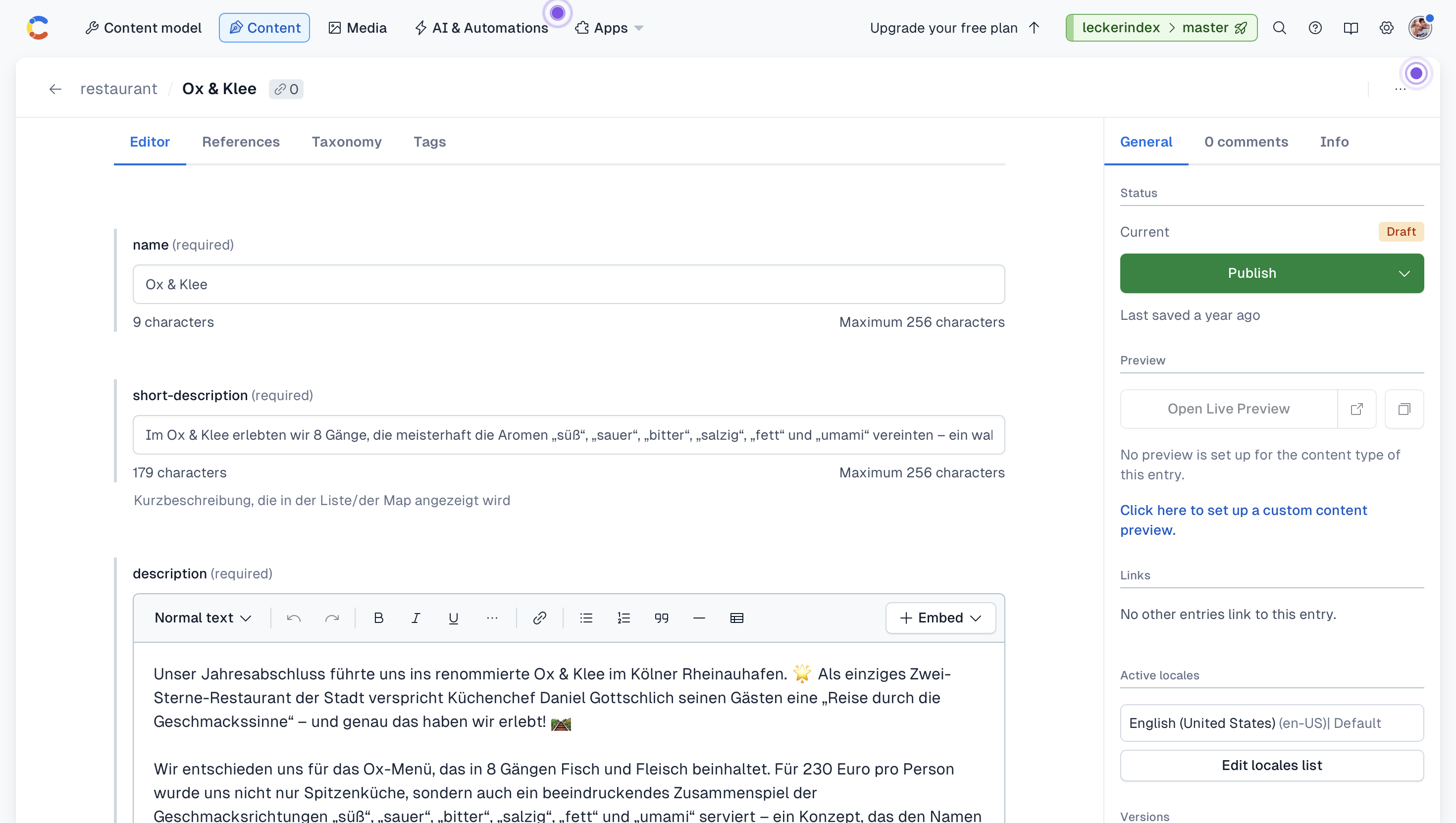 Contentful CMS content model and editor interface