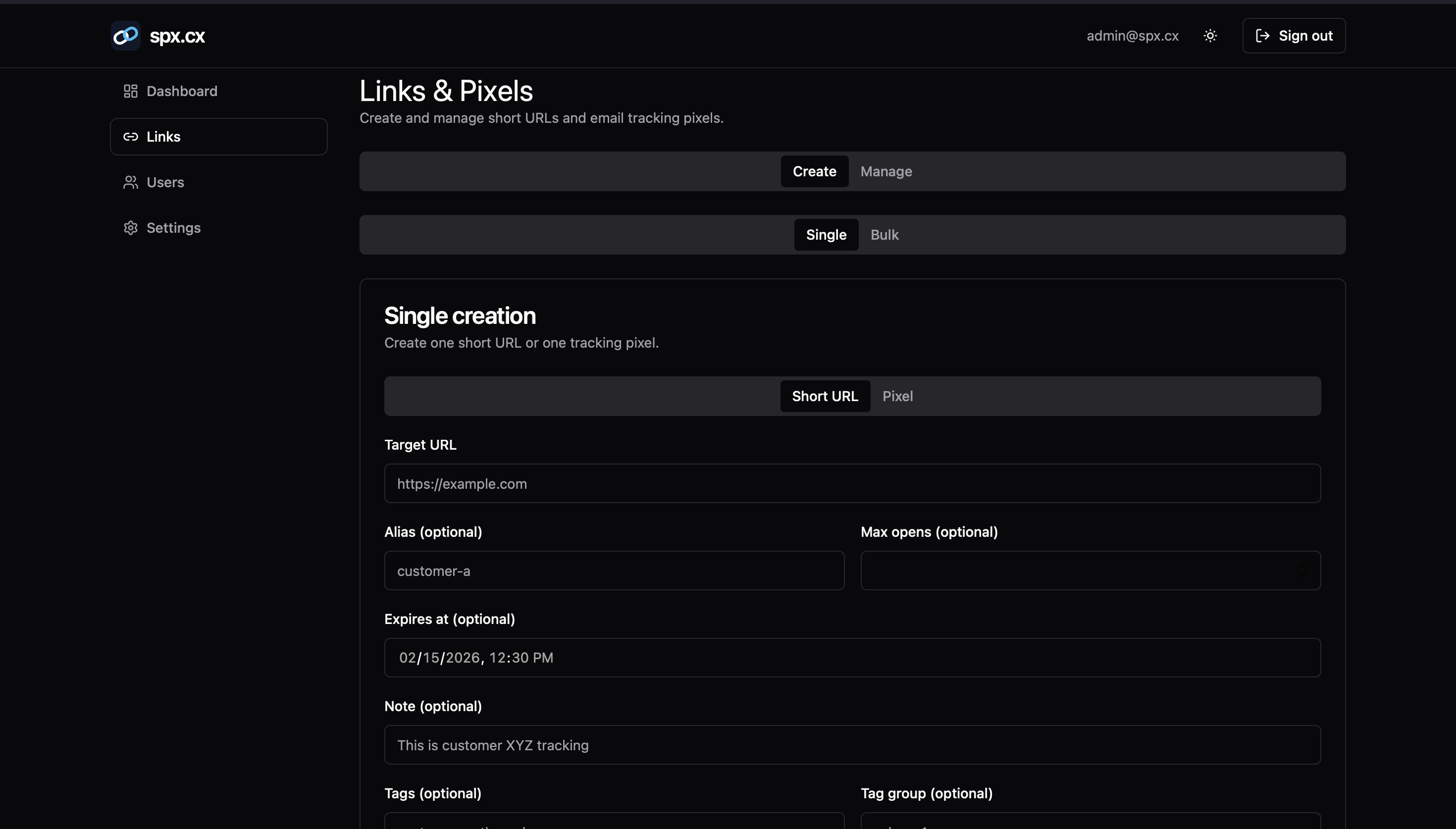 spx.cx link pixel creator screenshot